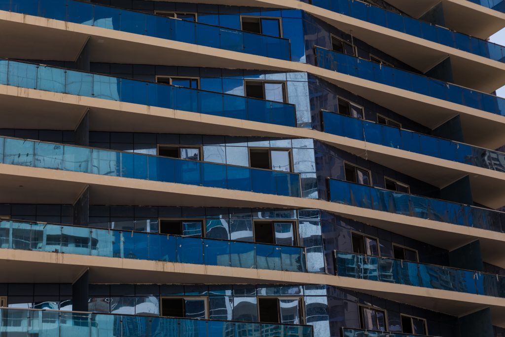 Dubai, UAE October, 2018. Close up of Futuristic city landscape of skyscrapers.